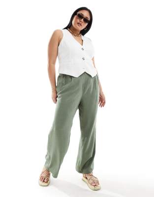 Asos Design Curve High Waist Seam Detail Tailored Trousers With Linen In Khaki-Green