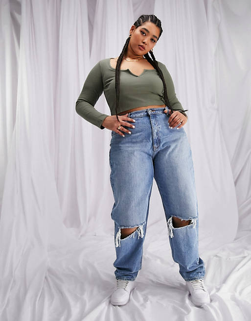  Curve high waist 'slouchy' mom jeans in stonewash with rips 