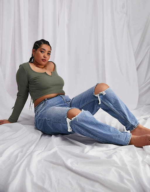 Jeans Curve high waist 'slouchy' mom jeans in stonewash with rips 