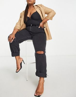 ASOS DESIGN Curve high waist 'slouchy' mom jeans in washed black with rips - ASOS Price Checker