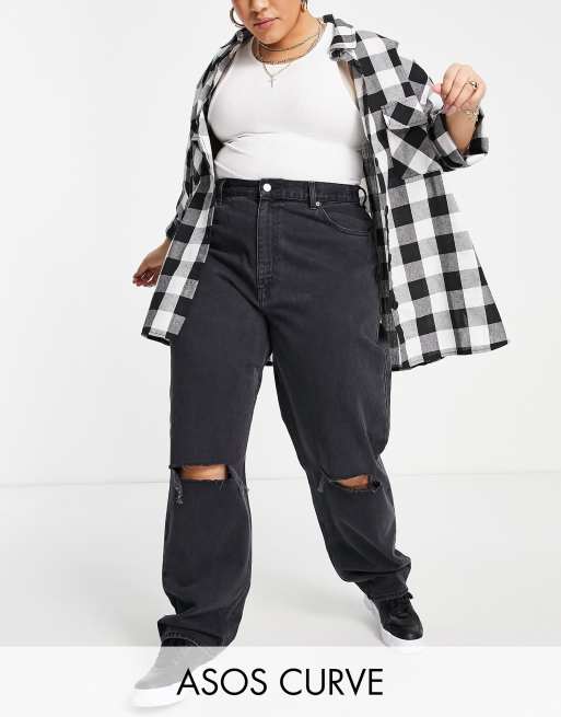 ASOS DESIGN Curve high waist slouchy mom jeans in washed black with rips, 2 of 4