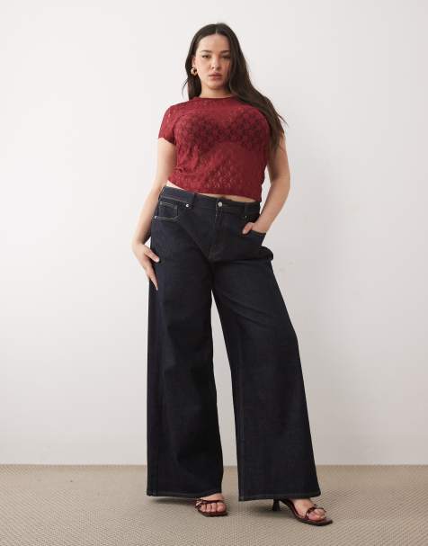 ASOS DESIGN Curve high waist straight wide leg jeans in rinse - view 1