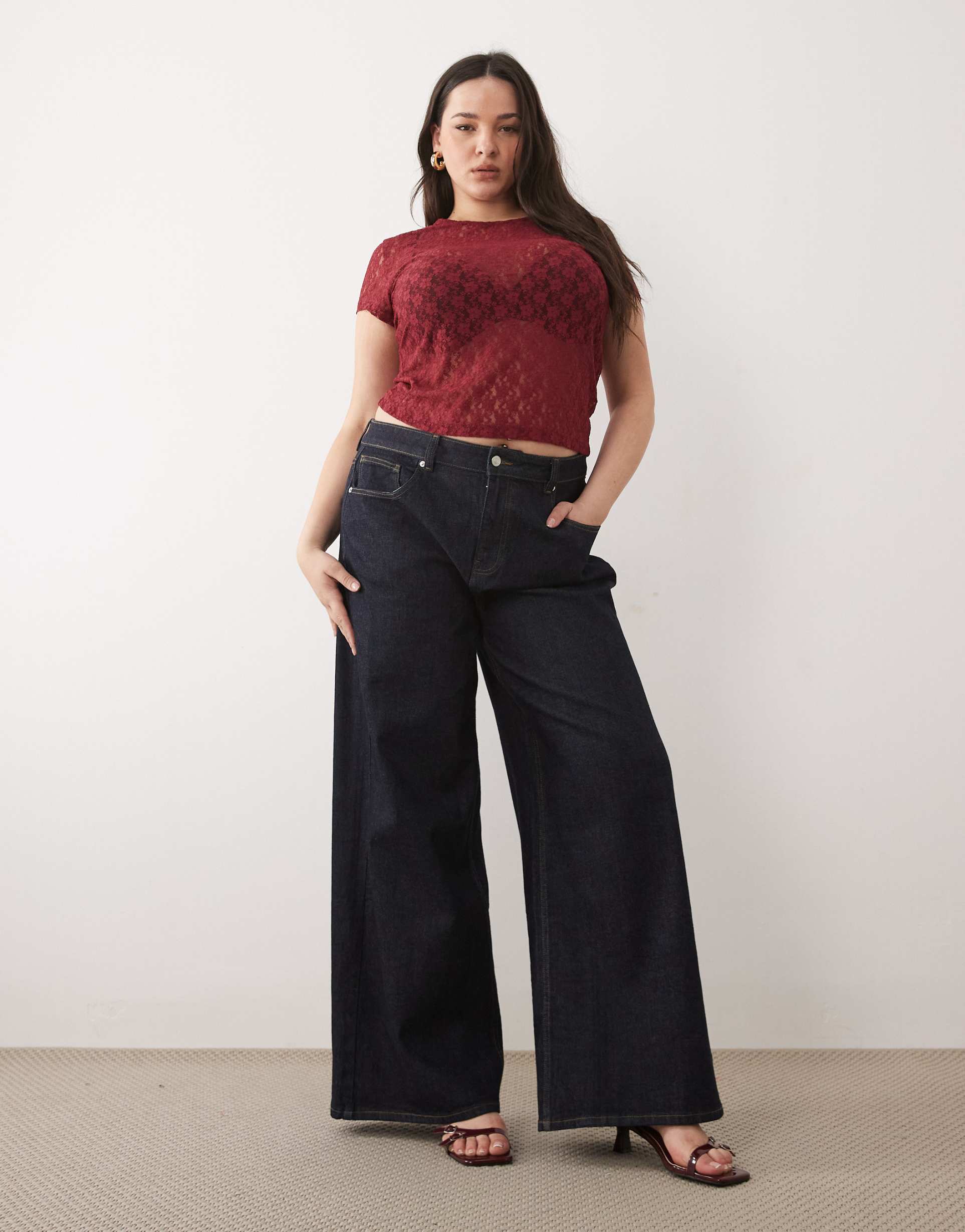 asos design curve high waist straight wide leg jeans in rinse