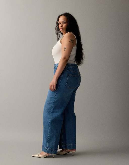 ASOS DESIGN Curve high waist wide leg jeans with front pockets in mid blue , 2 of 7