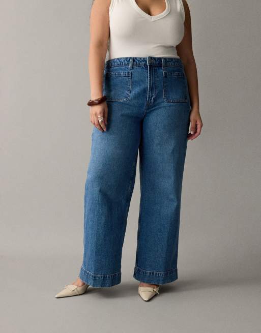 ASOS DESIGN Curve high waist wide leg jeans with front pockets in mid blue , 3 of 7