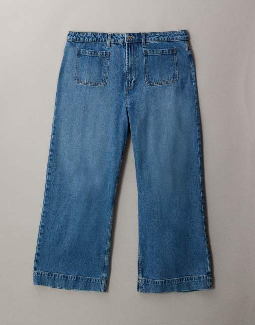ASOS DESIGN Curve high waist wide leg jeans with front pockets in mid blue , 5 of 7