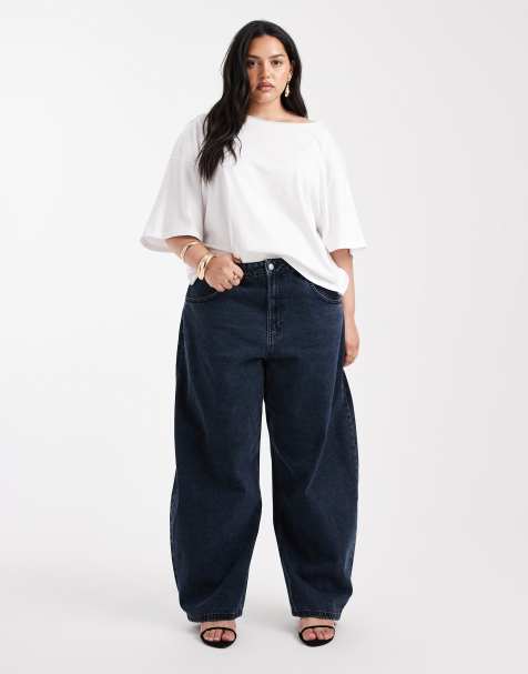 ASOS DESIGN Curve high waisted barrel leg jeans in blue black - view 1