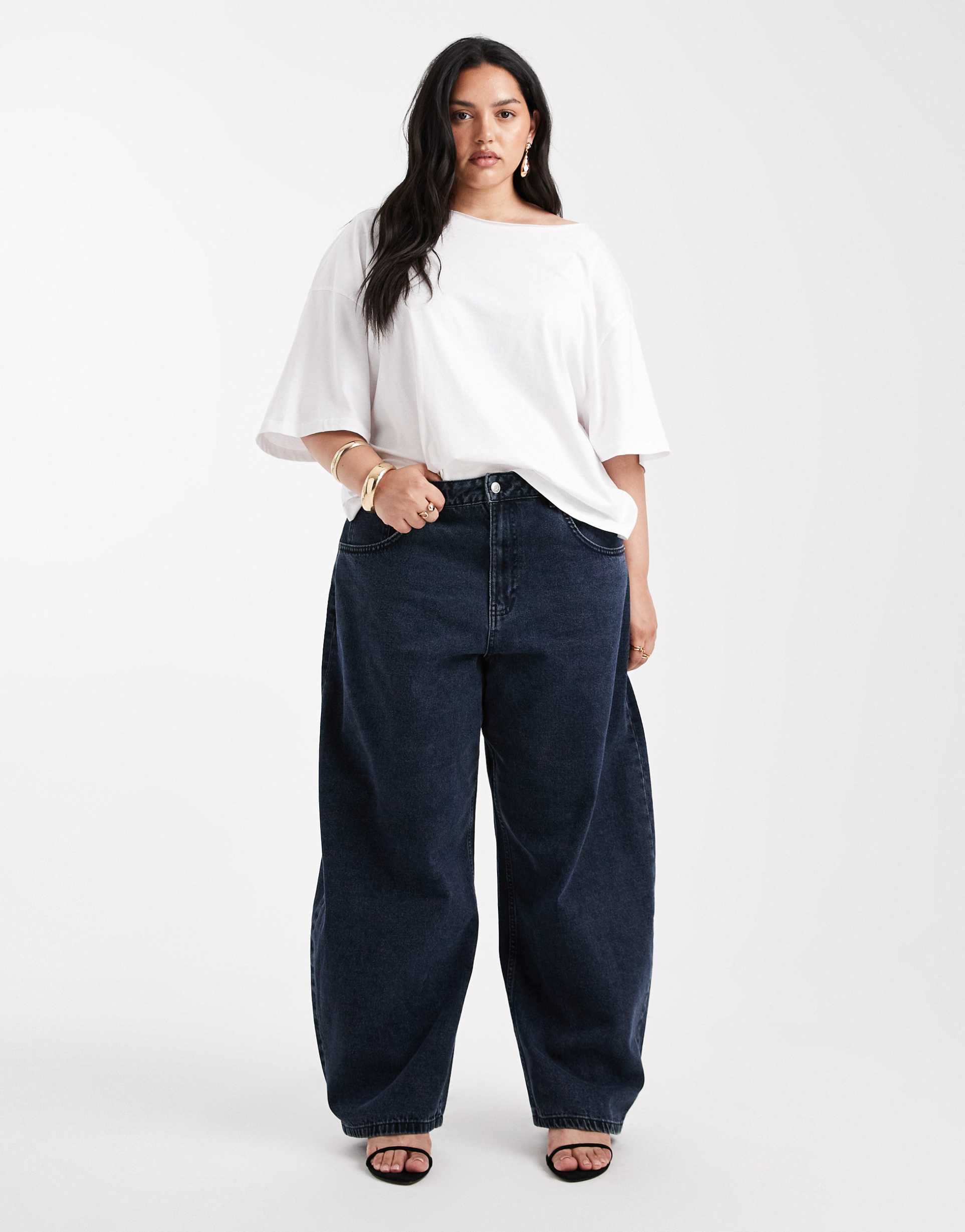 asos design curve high waisted barrel leg jeans in blue black