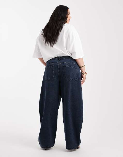 ASOS DESIGN Curve high waisted barrel leg jeans in blue black - view 1