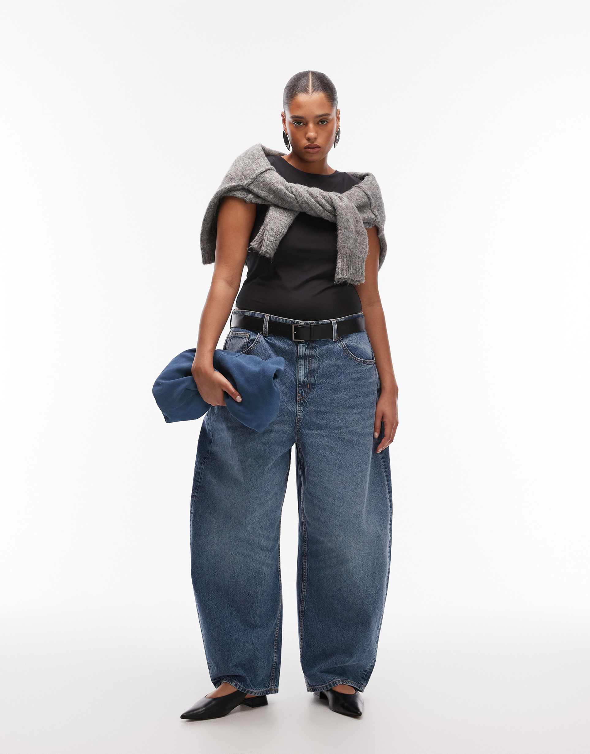 asos design curve high waisted barrel leg jeans in dark mid wash circular design collection