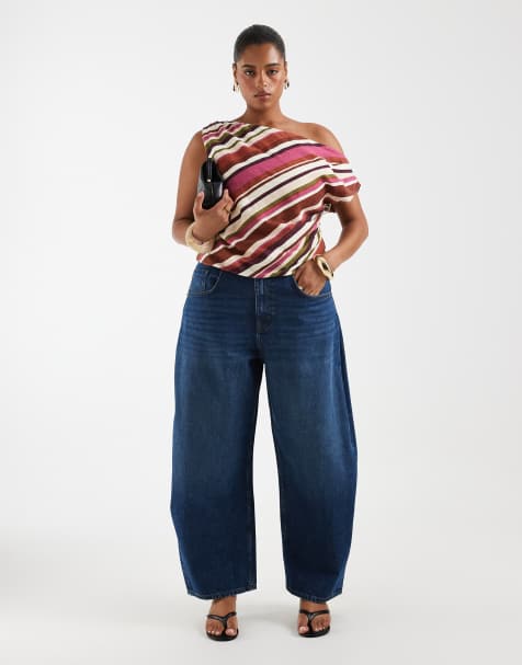 ASOS DESIGN Curve high waisted barrel leg jeans in dark wash blue - view 1
