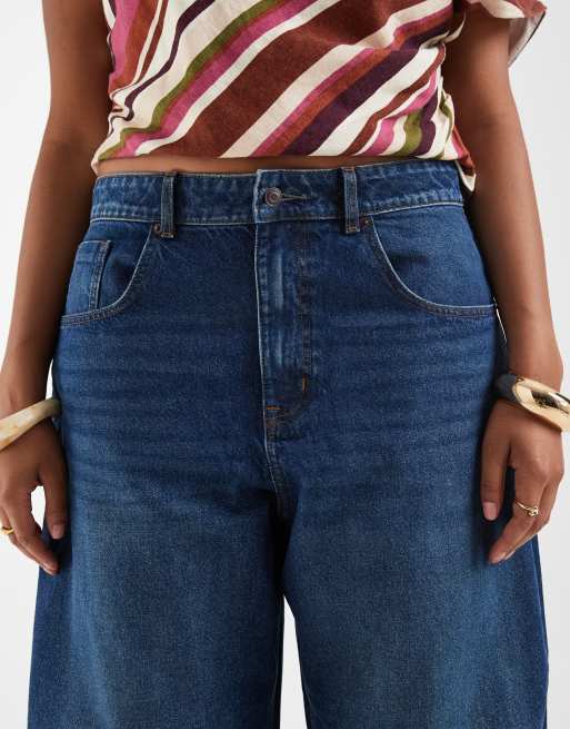 ASOS DESIGN Curve high waisted barrel leg jeans in dark wash blue, 5 of 5