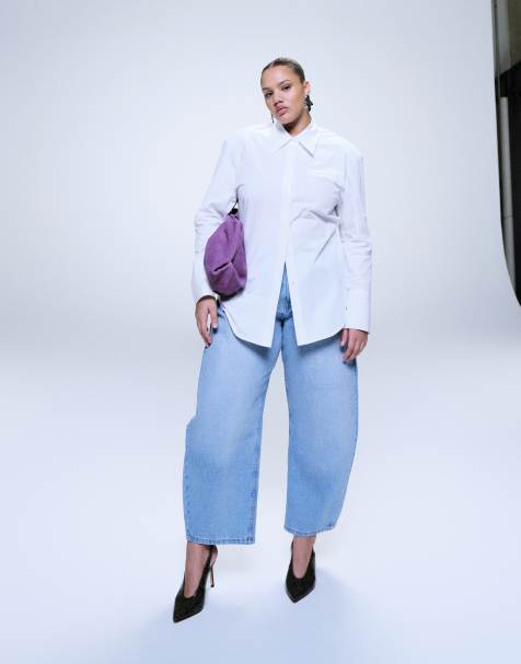 ASOS DESIGN Curve high waisted barrel leg jeans in lightwash