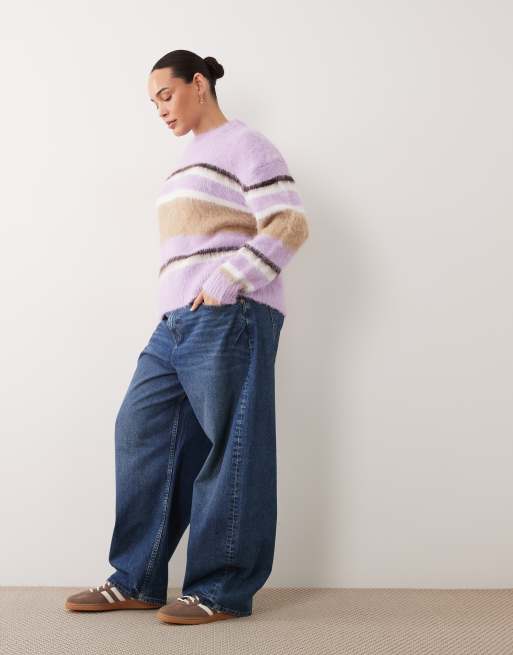 ASOS DESIGN Curve high waisted barrel leg jeans in mid wash blue, 3 of 5