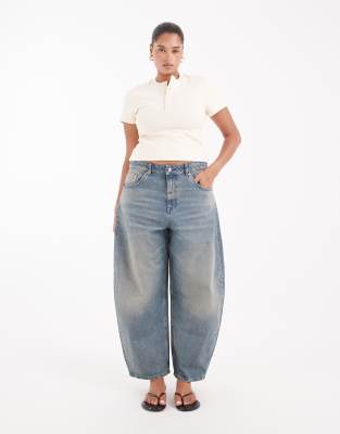 Asos Curve Asos Design Curve High Waisted Barrel Leg Jeans In Blue