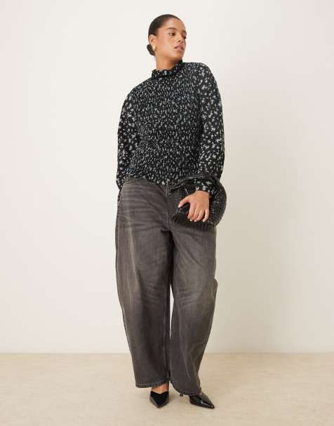 ASOS DESIGN Curve high waisted barrel leg jeans in washed charcoal - view 1