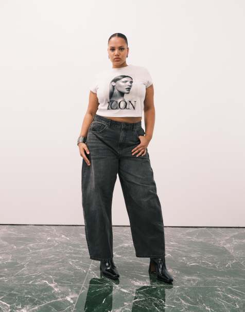ASOS DESIGN Curve high waisted barrel leg jeans in washed charcoal