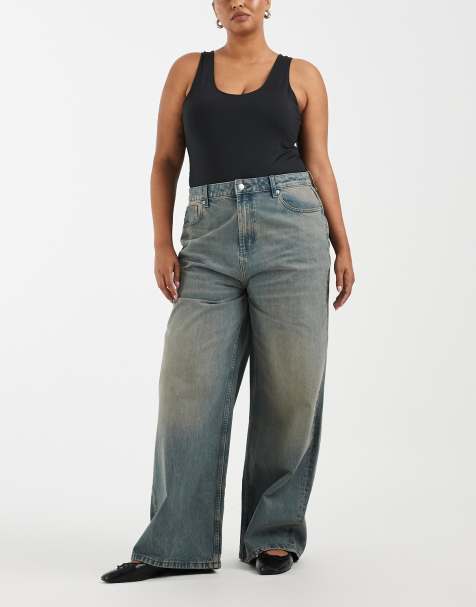 ASOS DESIGN Curve high waisted wide leg jeans in tinted grey wash - view 1