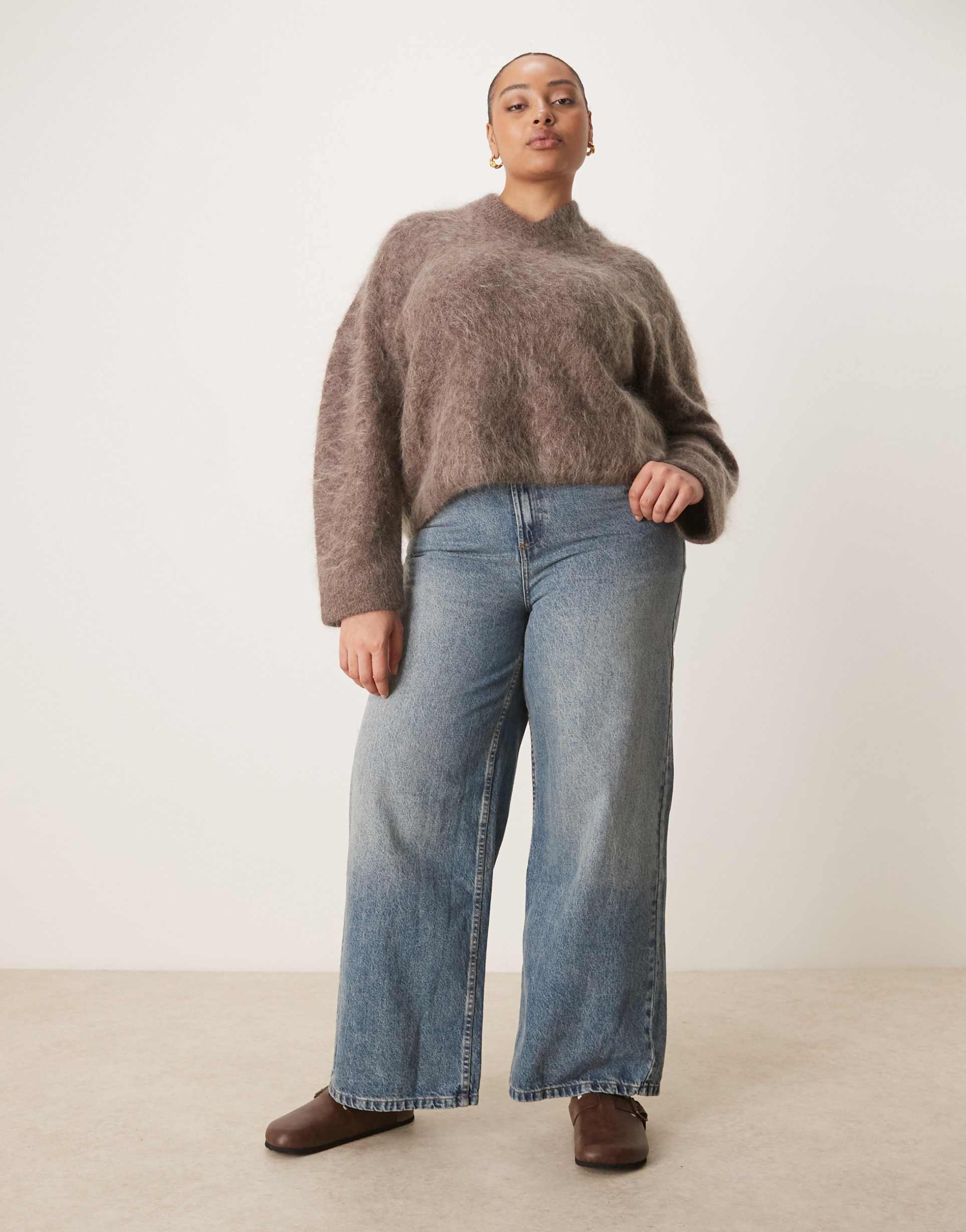 asos design curve high waisted wide leg jeans with cinch in vintage wash