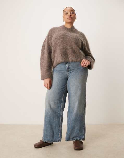 ASOS DESIGN Curve high waisted wide leg jeans with cinch in vintage wash