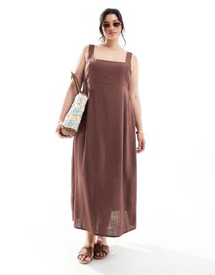 ASOS DESIGN Curve - Hinten gebundenes Midi-Sommerkleid in Schokoladenbraun mit eckigem Ausschnitt-Brown