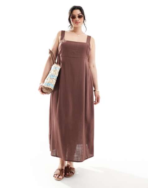 ASOS DESIGN Curve – Hinten gebundenes Midi-Sommerkleid in Schokoladenbraun mit eckigem Ausschnitt - view 1