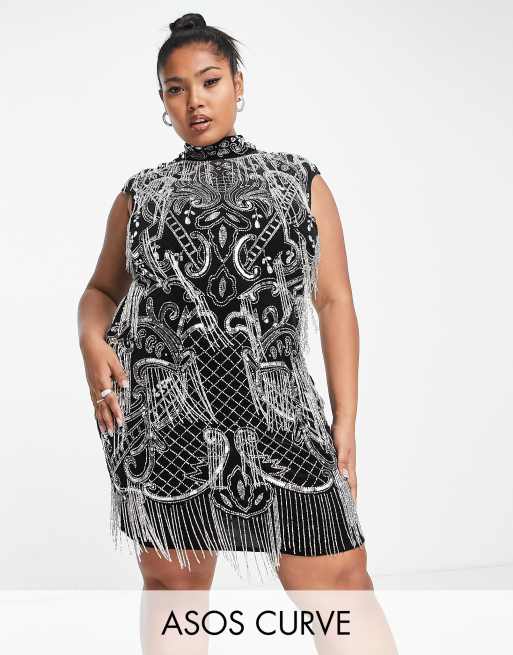 ASOS DESIGN Curve - Højhalset minikjole i sort velour med gennemgående pailletudsmykning i sølvfarve