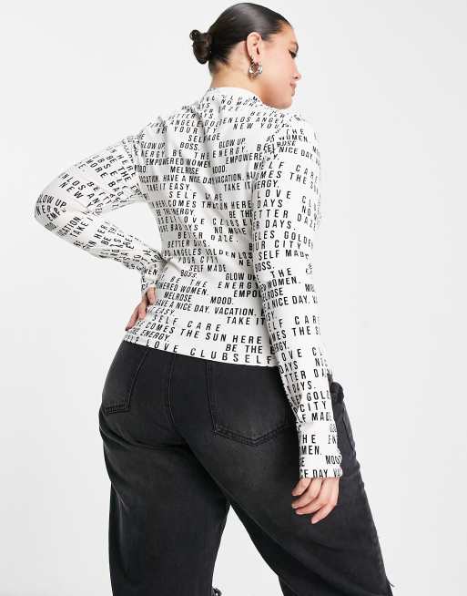 ASOS DESIGN Curve - Højhalset top med udskæringer, tommelfingerhuller og tekstprint, 2 af 4