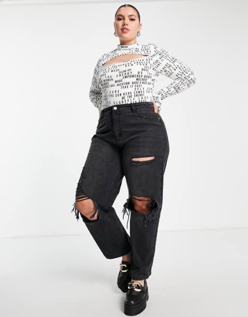 ASOS DESIGN Curve - Højhalset top med udskæringer, tommelfingerhuller og tekstprint, 3 af 4