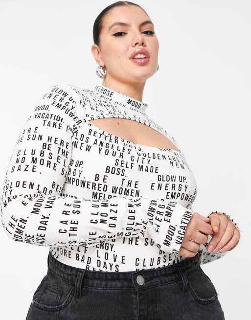 ASOS DESIGN Curve - Højhalset top med udskæringer, tommelfingerhuller og tekstprint, 4 af 4