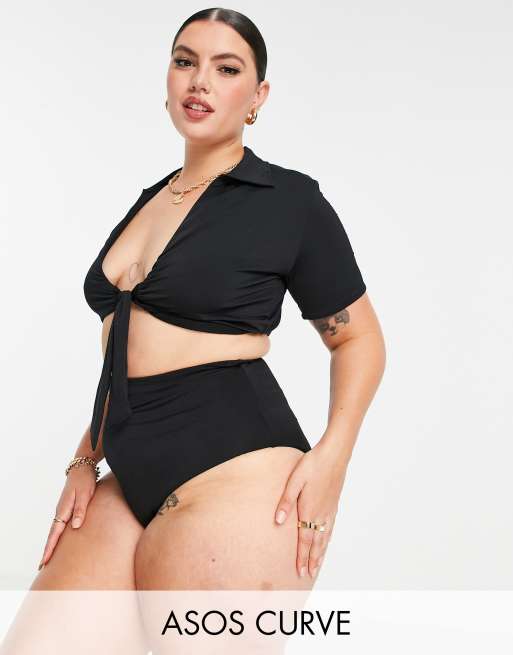 ASOS DESIGN Curve - Bikinisæt i skinnende sort med bikinitop med krave og bindebånd foran, 3 af 3