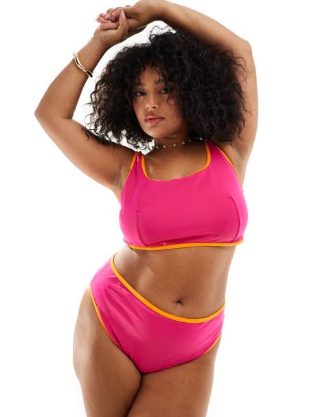 ASOS DESIGN Curve - Højtaljede bikinitrusser med høj benskæring og kontrasterende kanter i pink - view 1