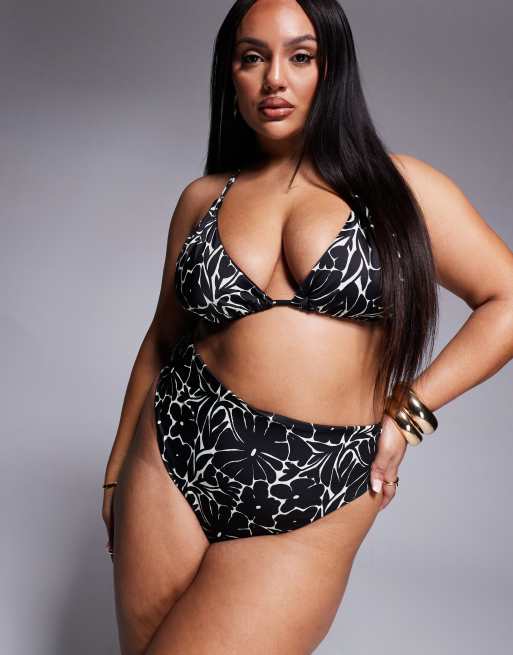 ASOS DESIGN Curve - Højtaljede bikinitrusser med høj benskæring og sort/hvidt blomstermønster