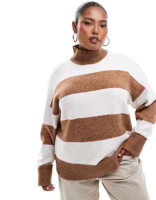 ASOS DESIGN Curve - Hochgeschlossener, gestreifter Strickpullover mit umgeschlagenen Bündchen-Bunt