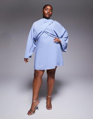 ASOS DESIGN Curve - Hochgeschlossener Playsuit in Staubblau mit Wickeldesign und Fledermausärmeln
