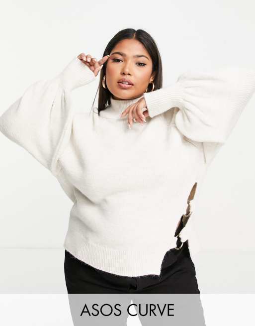 ASOS DESIGN Curve – Hochgeschlossener Pullover in Cremeweiß mit Ringdetail