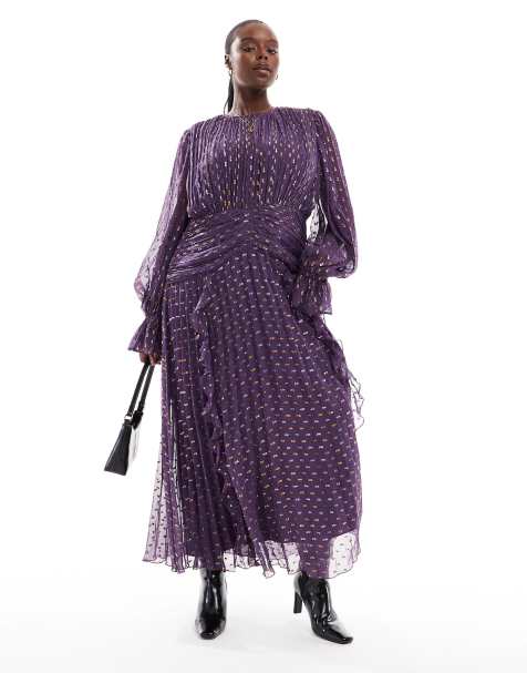ASOS DESIGN Curve – Hochgeschlossenes, genopptes Maxikleid in Lila mit Raffung und Gürteldetail - view 1