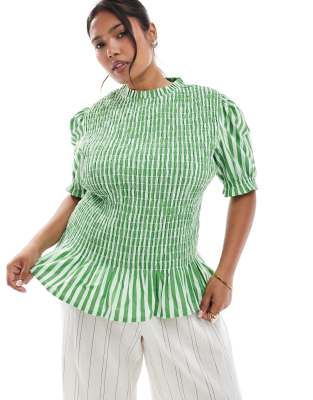 ASOS DESIGN Curve - Hochgeschlossenes, kurzärmliges Oberteil mit Streifen und gerafftem Detail-Bunt