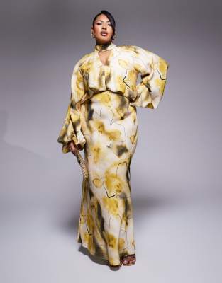 ASOS DESIGN Curve - Hochgeschlossenes Maxikleid in abstraktem Grün mit tiefem Ausschnitt und Blousonärmeln-Bunt