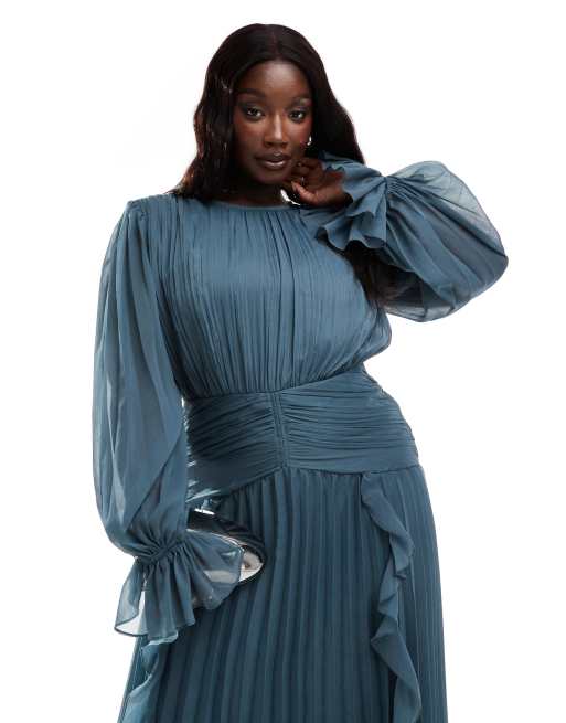 ASOS DESIGN Curve – Hochgeschlossenes Maxikleid in dunklem Schieferblau mit Raffung und Gürteldetail, 2 von 4