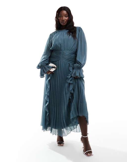 ASOS DESIGN Curve – Hochgeschlossenes Maxikleid in dunklem Schieferblau mit Raffung und Gürteldetail, 3 von 4