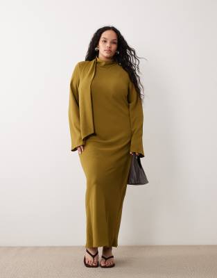 ASOS DESIGN Curve - Hochgeschlossenes Maxikleid in Olivgrün mit Schaldetail