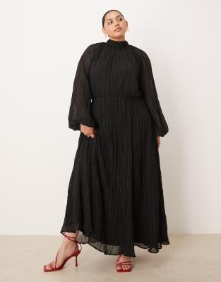 ASOS DESIGN Curve - Hochgeschlossenes Maxikleid in Schwarz mit Blousonärmeln sowie Plisseefalten und Knitterstruktur-Kei...
