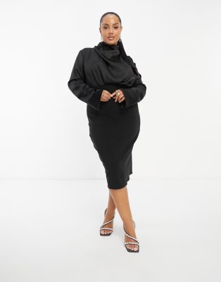 ASOS DESIGN Curve - Hochgeschlossenes Midikleid aus Satin in Schwarz mit strukturiertem Rock