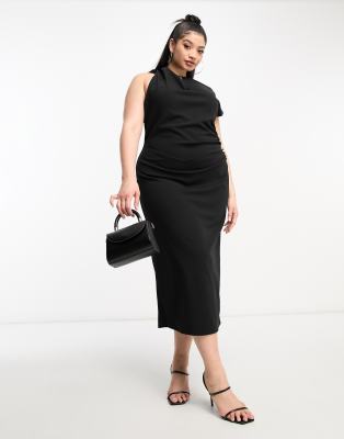 ASOS DESIGN Curve - Hochgeschlossenes Midikleid in Schwarz mit geraffter Schulterpartie-Black