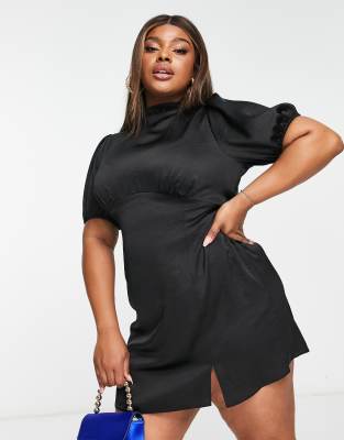 ASOS DESIGN Curve - Hochgeschlossenes Minikleid aus Satin in Schwarz mit Puffärmeln