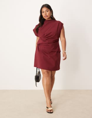 ASOS DESIGN Curve - Hochgeschlossenes, plissiertes Bengaline-Minikleid in Burgunderrot-Orange