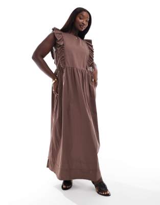 ASOS DESIGN Curve – Hochgeschlossenes Twill-Midikleid in Braun mit gerüschtem Schulterdetail