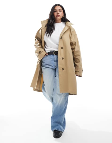 ASOS DESIGN Curve hooded washed trench coat in stone - view 1