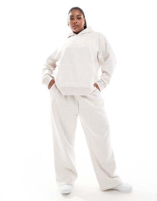ASOS DESIGN Curve hoodie and straight leg sweatpants set with chenille New Jersey graphic in oatmeal heather
